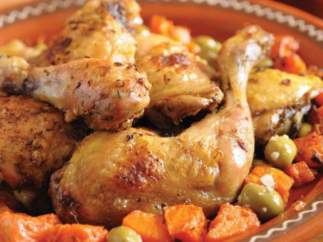 Thyme roasted chicken with butternut squash &amp; cracked green olives
